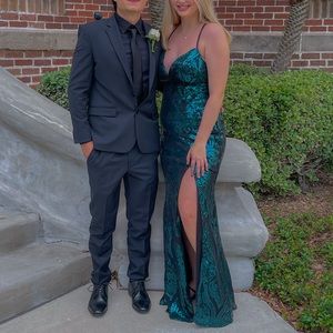 Black and teal full length prom dress